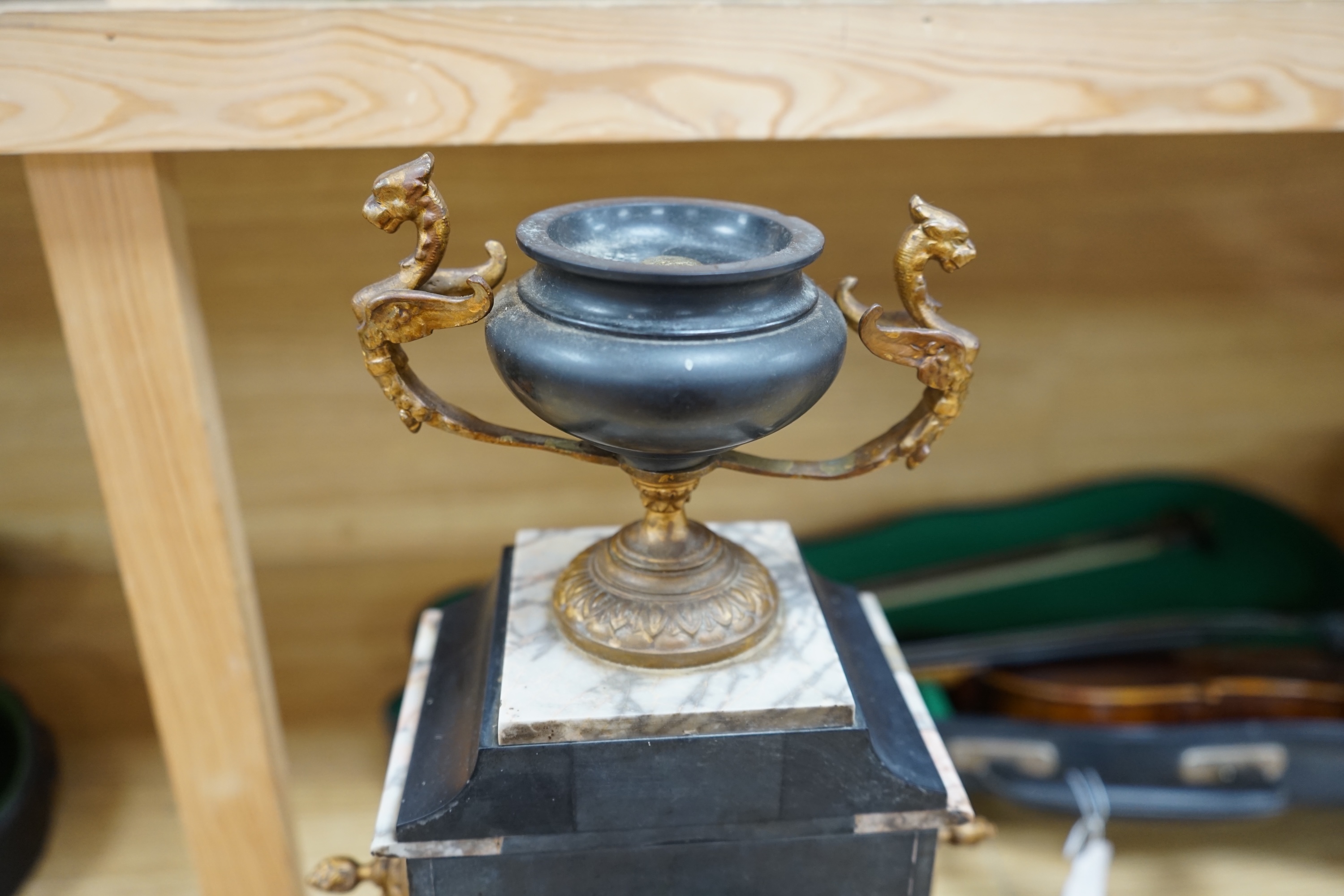 An early 20th century gilt metal and marble clock, no key or pendulum, 44cm. Condition - fair to good, not tested